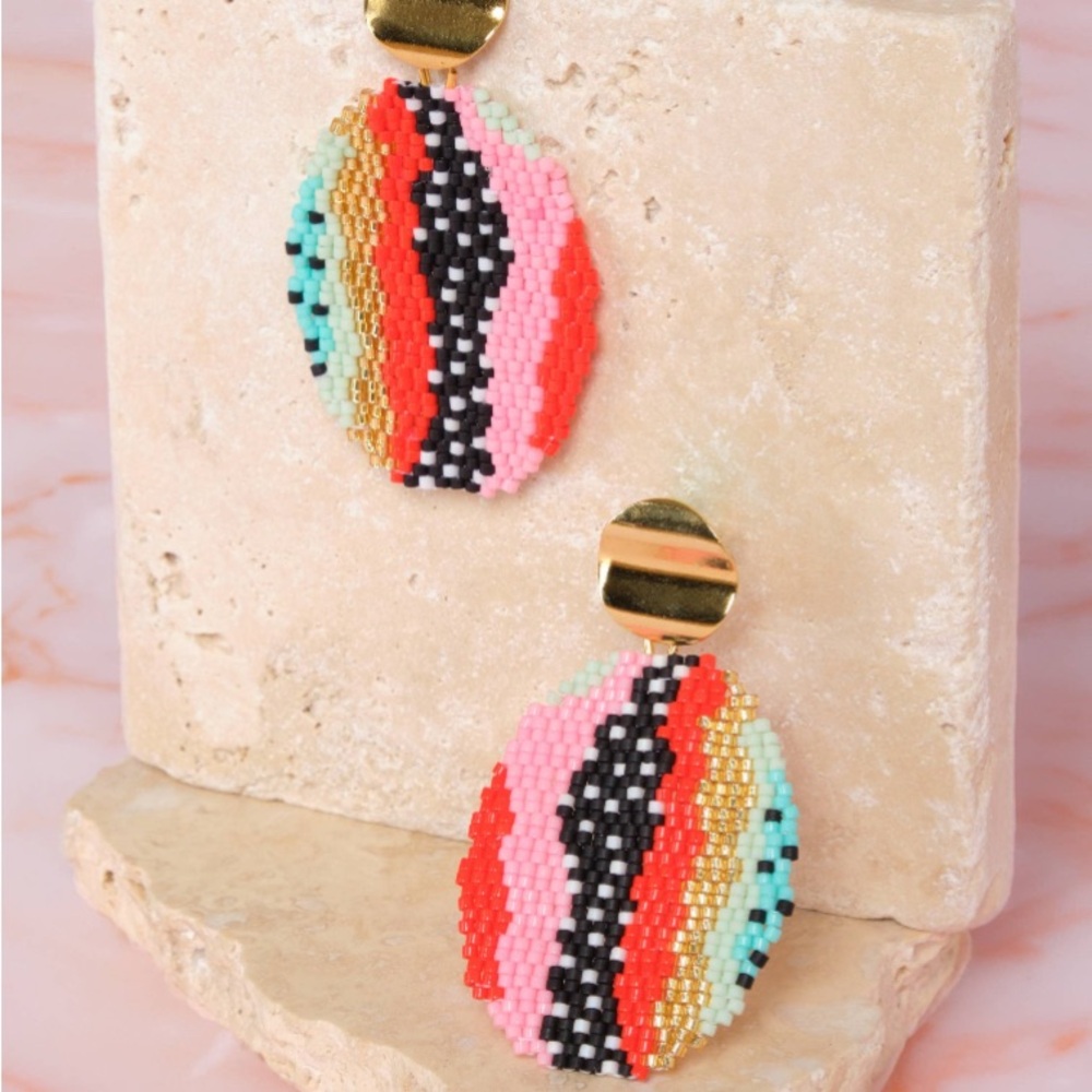 Beaded Handwoven Organic Oval Drop Earrings